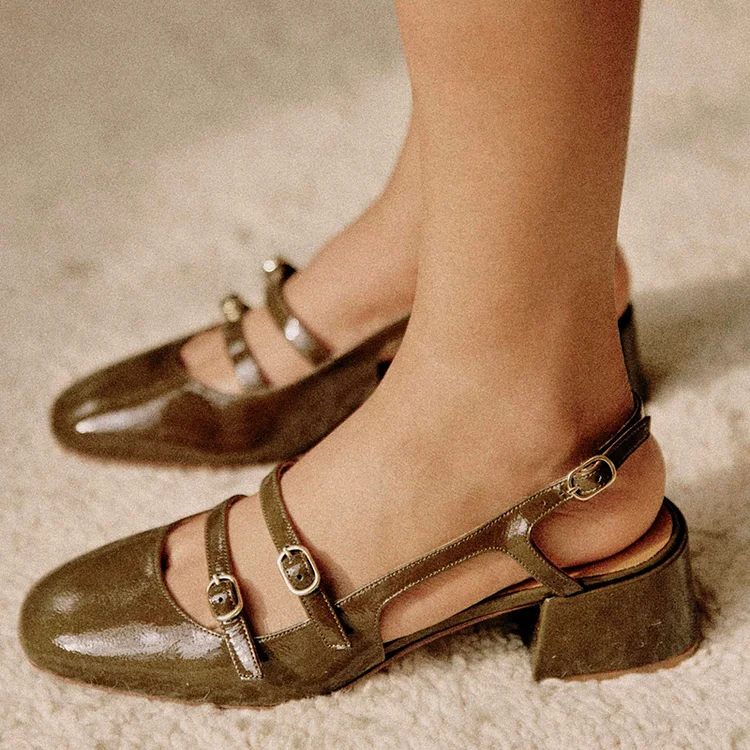 Olive Slingback Patent Shoes Women'S Vintage Block Heel Buckle Pumps |FSJ Shoes