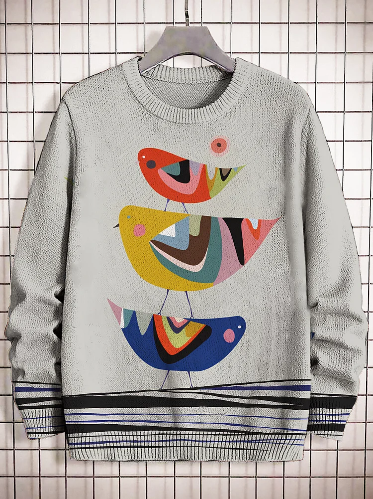 Men's Color Block Birds Print Knit Sweatshirt