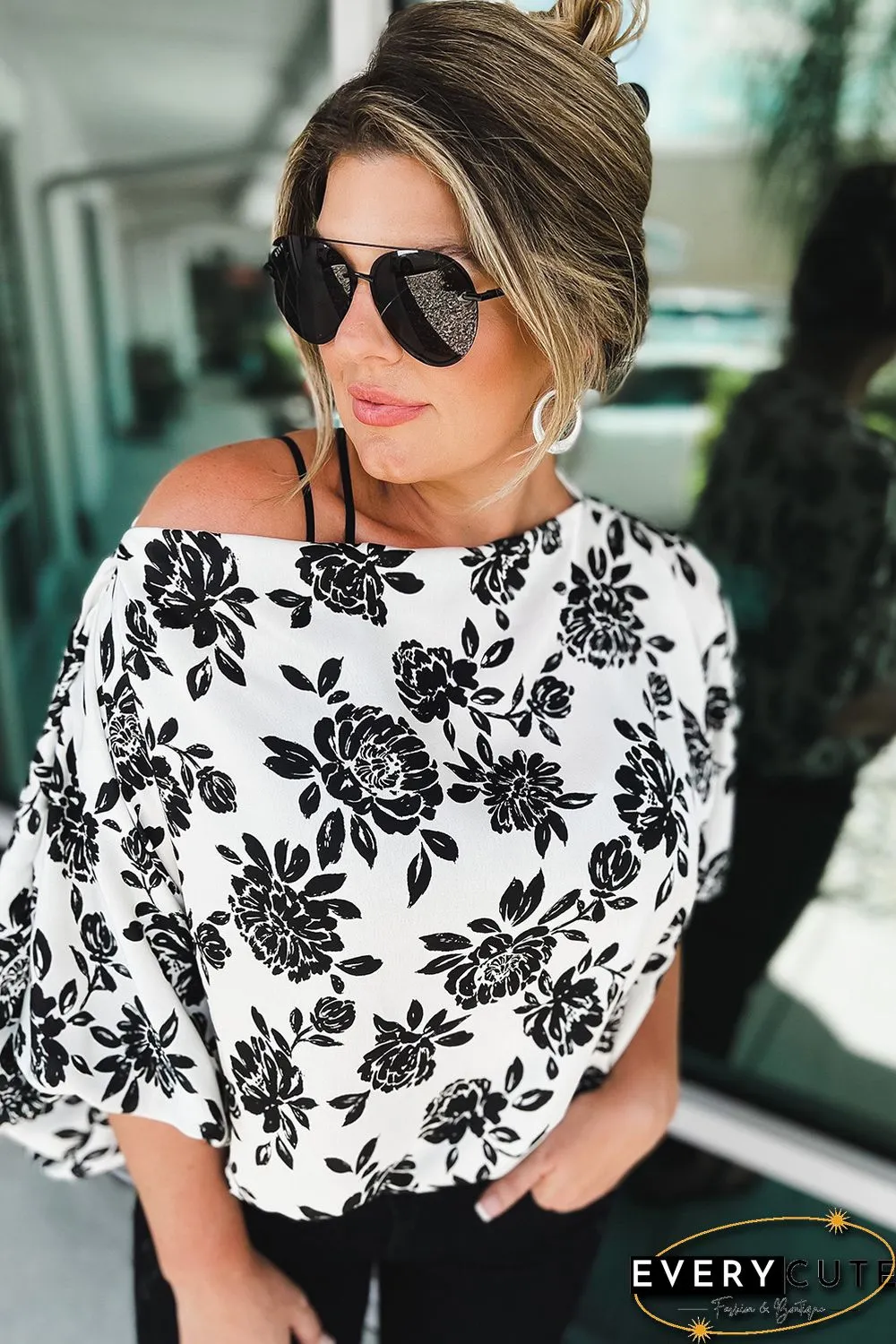 White Opposites Attract Boat Neck Floral Dolman Sleeve Top