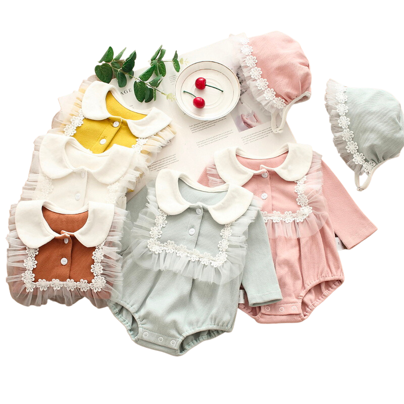 The Lost Boys Baby Bubble Romper with Peter Pan Collar and Spanish Vintage Bonnet 