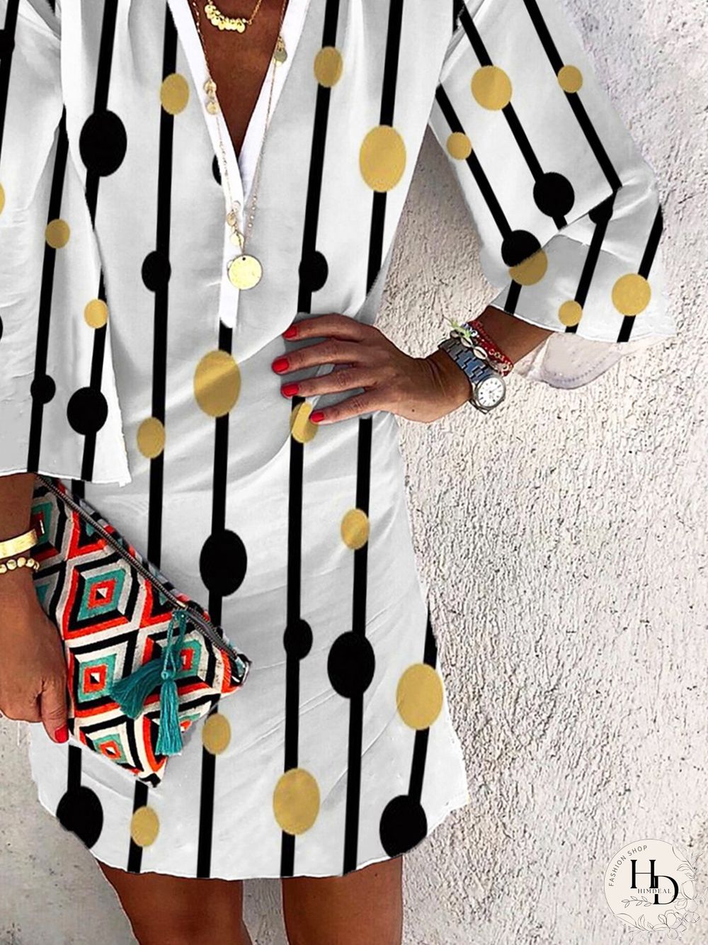 V Neck Casual Polka Dots Three Quarter Loose Dresses