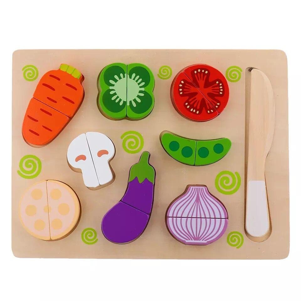 Fun Cutting Set Fruit and Vegetable Cutting Game Wooden Puzzles Pretend Kitchen Game
