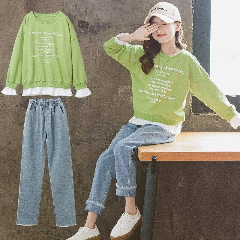 New Autumn Spring Girls Clothing Suits Pullover Kids Colored Cotton Sweatshirt Tracksuit Sport Suits Outwear Jean Pants