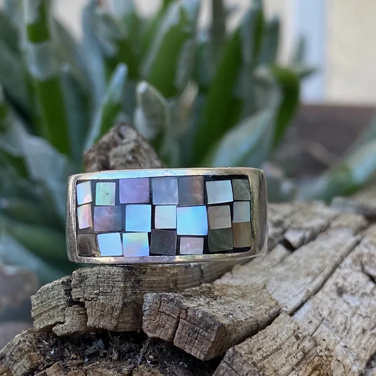 Rustic Abalone Shell Mosaic Band Ring in Sterling Silver Size 7