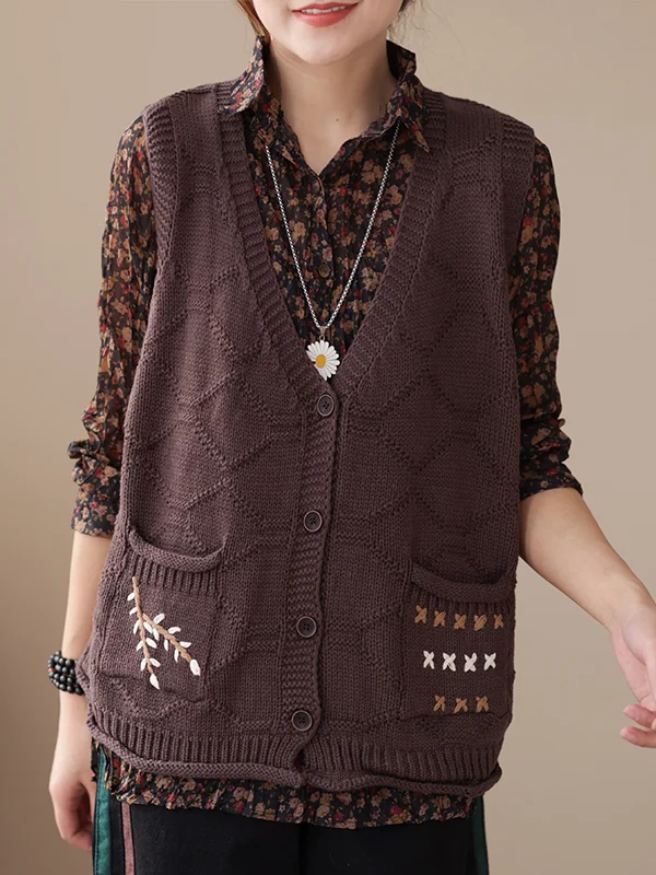 Vintage Artistic Retro 4 Colors Jacquard Buttoned V-Neck Sleeveless Knitting Vest Outwear