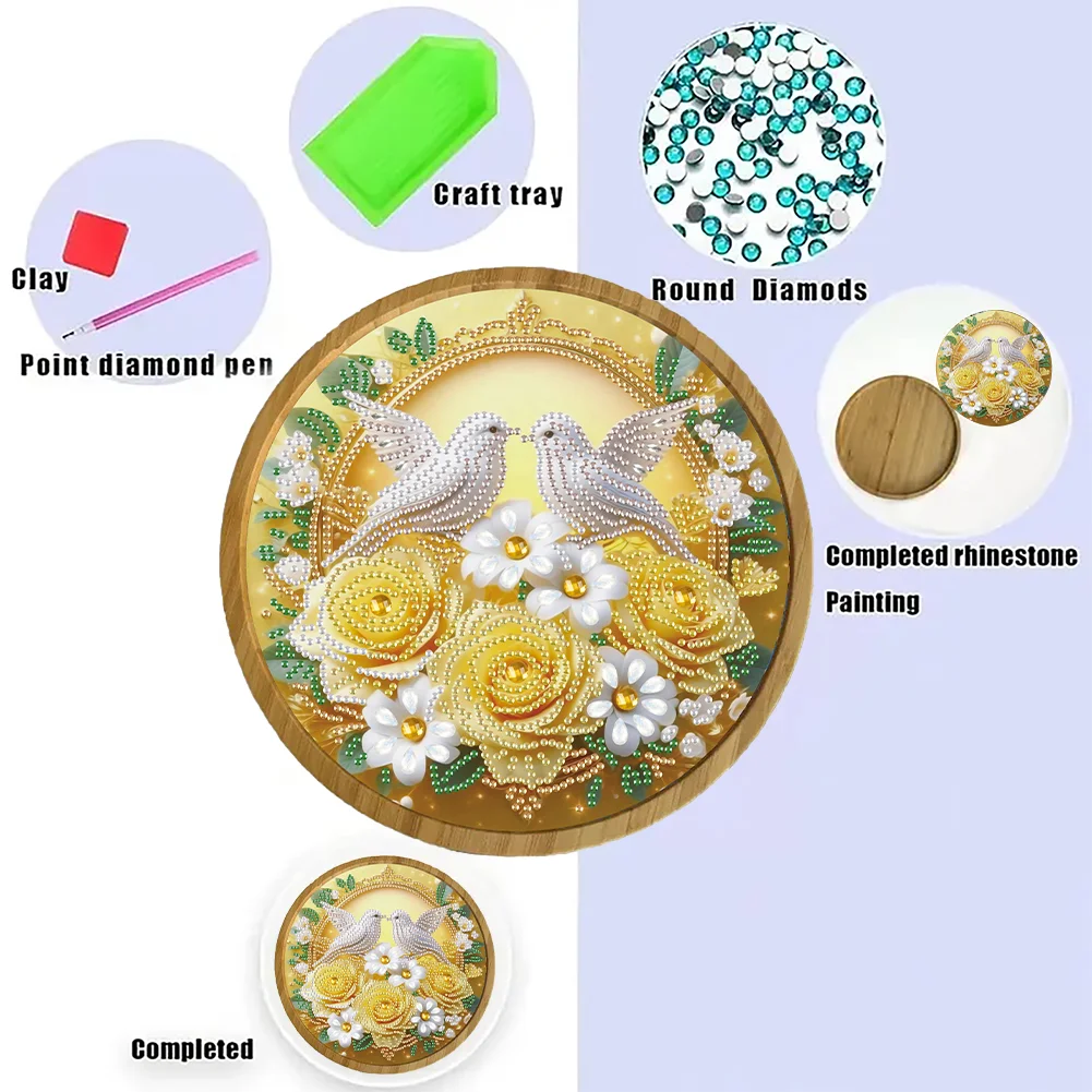 DIY Diamond Painting Kit Round Wooden Tray Diamond Painting Tray (Flower Bird A)