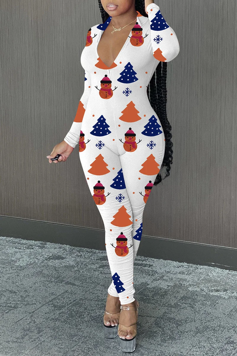 Casual Print Split Joint Zipper Collar Regular Jumpsuits