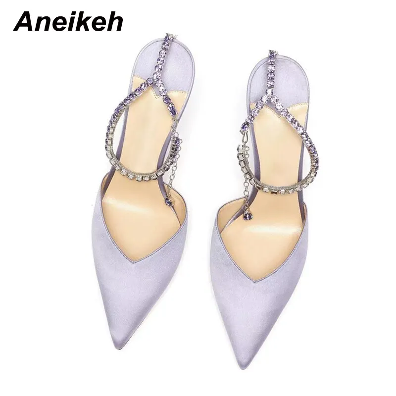 Aneikeh 2021 NEW Summer Silk Ankle Strap Chain Crystal Women's Sandals For Shoes Fashion Shallow Thin Heels Pointed Toe Wedding