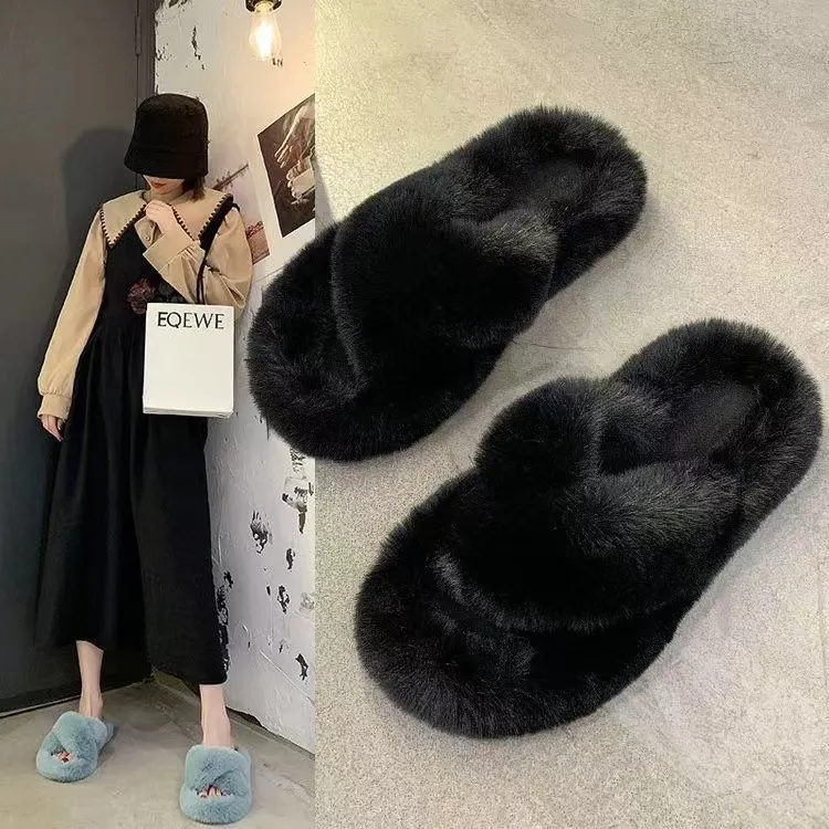 Breakj Breakj Slippers Women Wear Net Red Code 2025 New Autumn And Winter Warm Wear Cross Fur Slippers