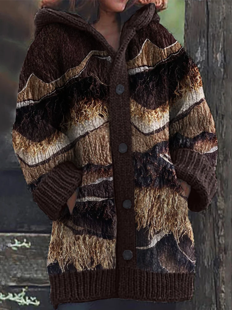 VChics Mountains Landscape Wool Textile Cozy Hooded Cardigan