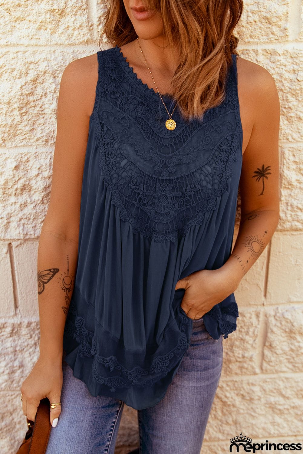 Lace Detail Buttons Back Sleeveless Top