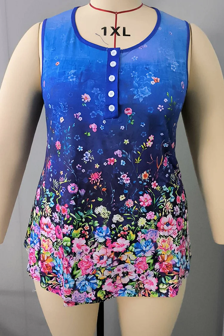 Plus Size Floral Print Decorative Button Casual Tank Top  Flycurvy [product_label]