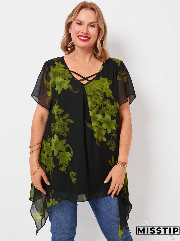 Plus Size Women Summer Cross Neck Florals Print Ruffled Short Sleeve Loose Elegant Blouse