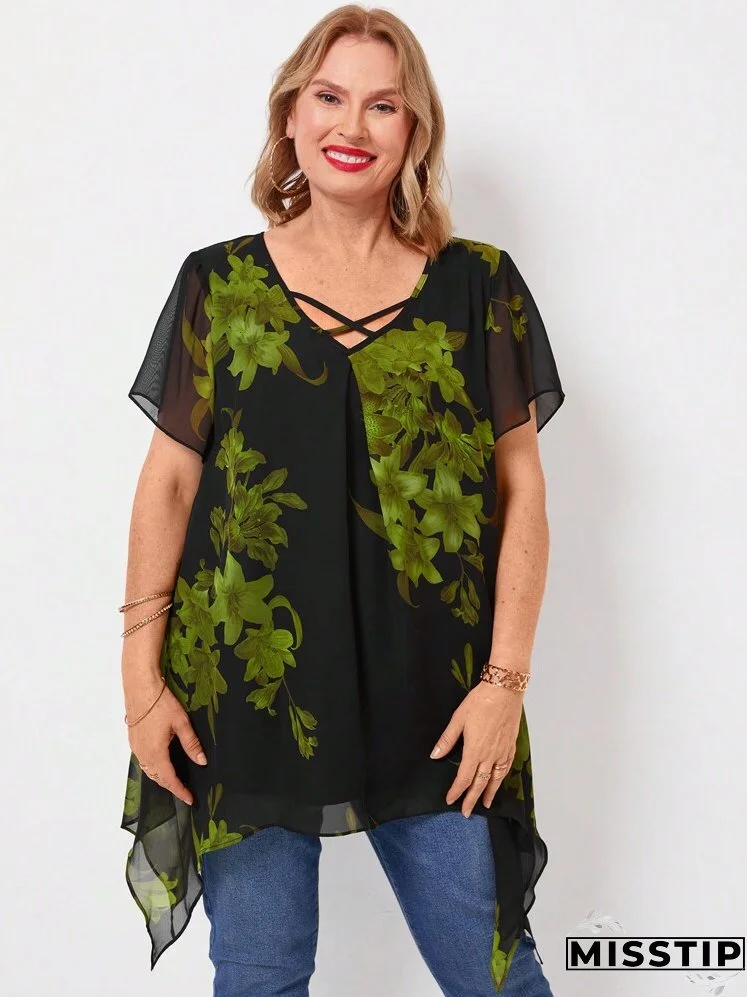 Plus Size Women Summer Cross Neck Florals Print Ruffled Short Sleeve Loose Elegant Blouse