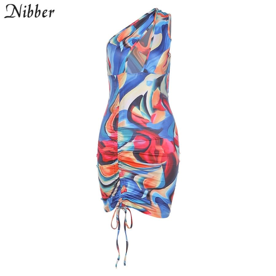 Nibber 2021New Fashion Hollow Sexy Print One-shoulder Open Back Mini Tight Dress Woman Summer Beach Vacation Clubwear Dress Hot
