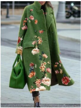 2021 new autumn/winter long woolen coat solid color temperament commuter beltless lapel loose-fitting woolen green coat