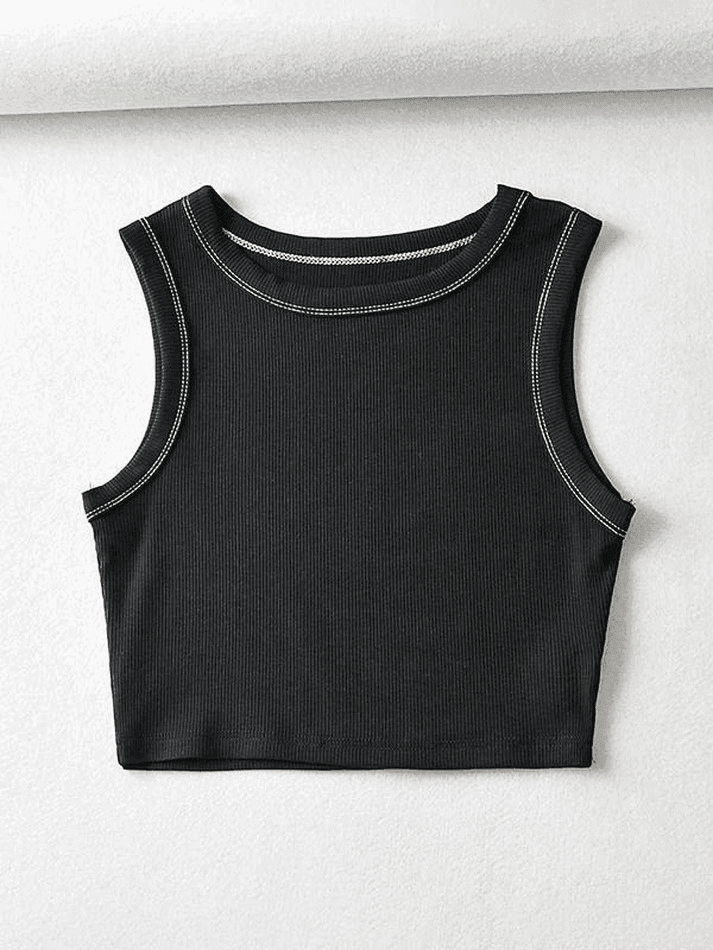 Brownm Stitched Detail Ribbed Crop Tank Top