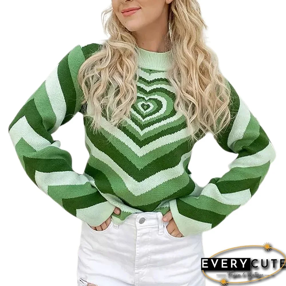 Green Rainbow Heart Print Color Block Sweater