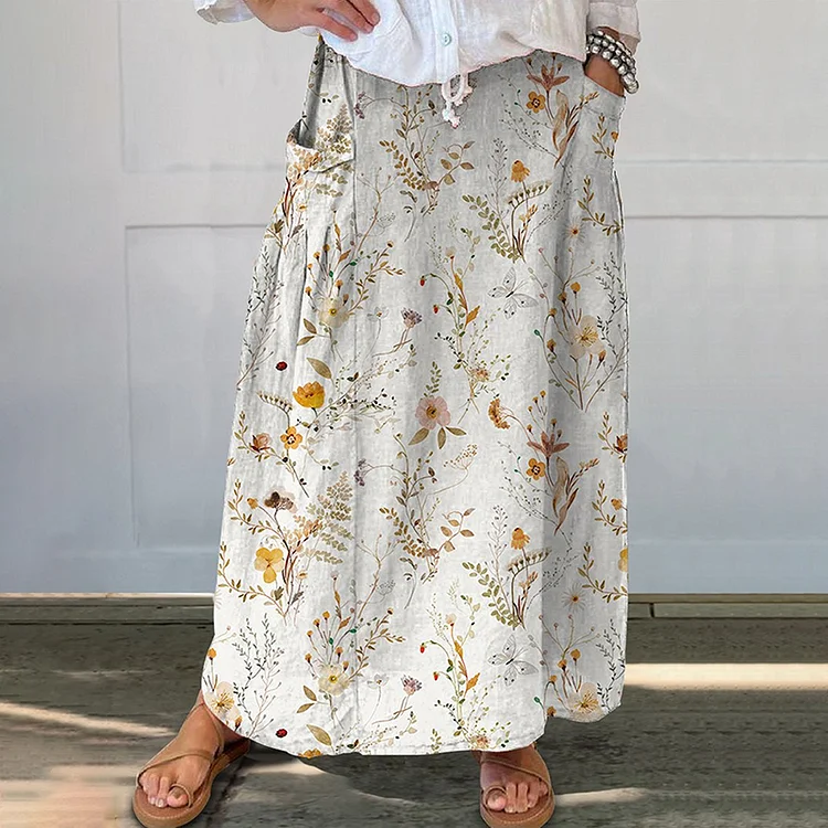 VChics Floral Print Linen Blend Pocket Skirt
