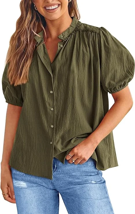 Women's Summer Button Down Shirts Short Lantern Sleeve V Neck Cotton Cute Dressy Casual Ladies Tops Blouses 