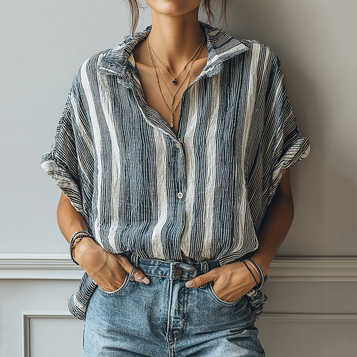 Comstylish Women's Retro Striped Print Casual Linen Shirt