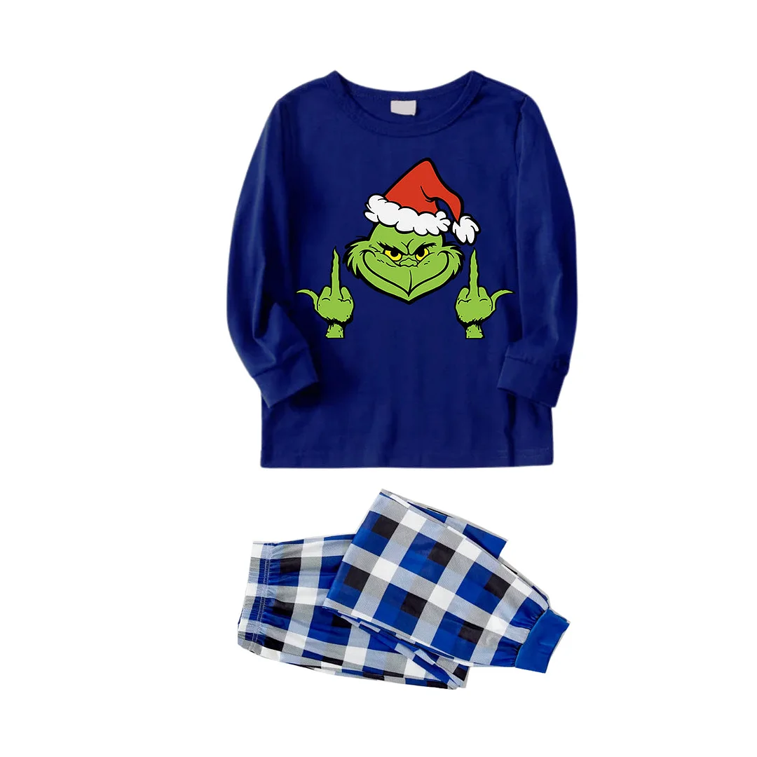 Christmas Green Cartoon Character With Santa Hat Pattern Print Blue Top And Blue & White Pants Family Matching Pajamas