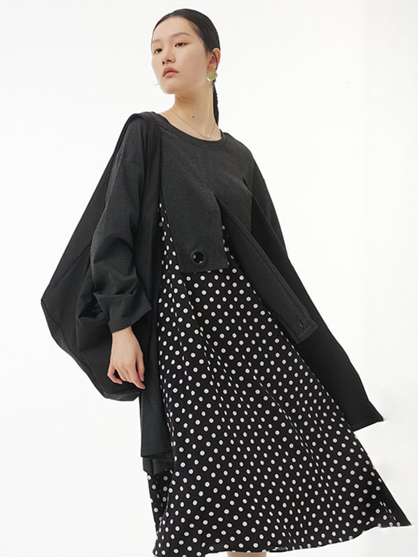 Urban Crewneck Polka-Dot Printed Asymmetric Split-Joint Long Sleeve Midi Dress