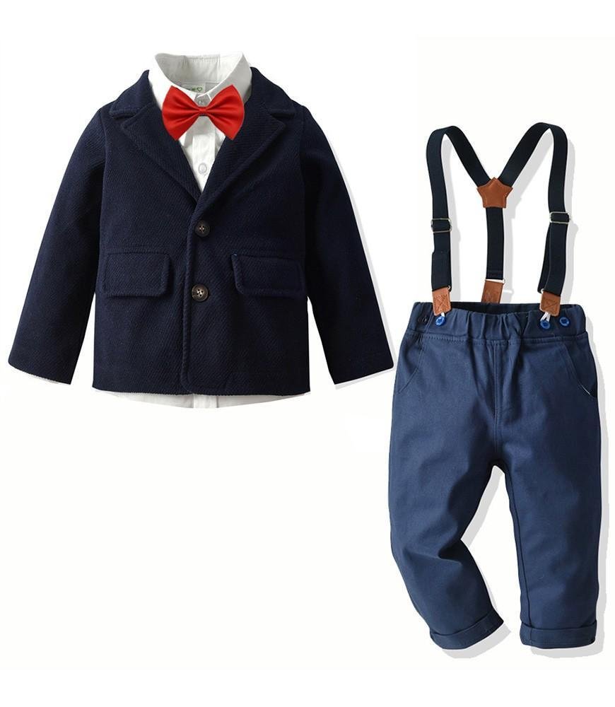 Buzzdaisy Boys Suit Blue Blazer White Shirt And Suspender Pants 4 Pieces Outfit