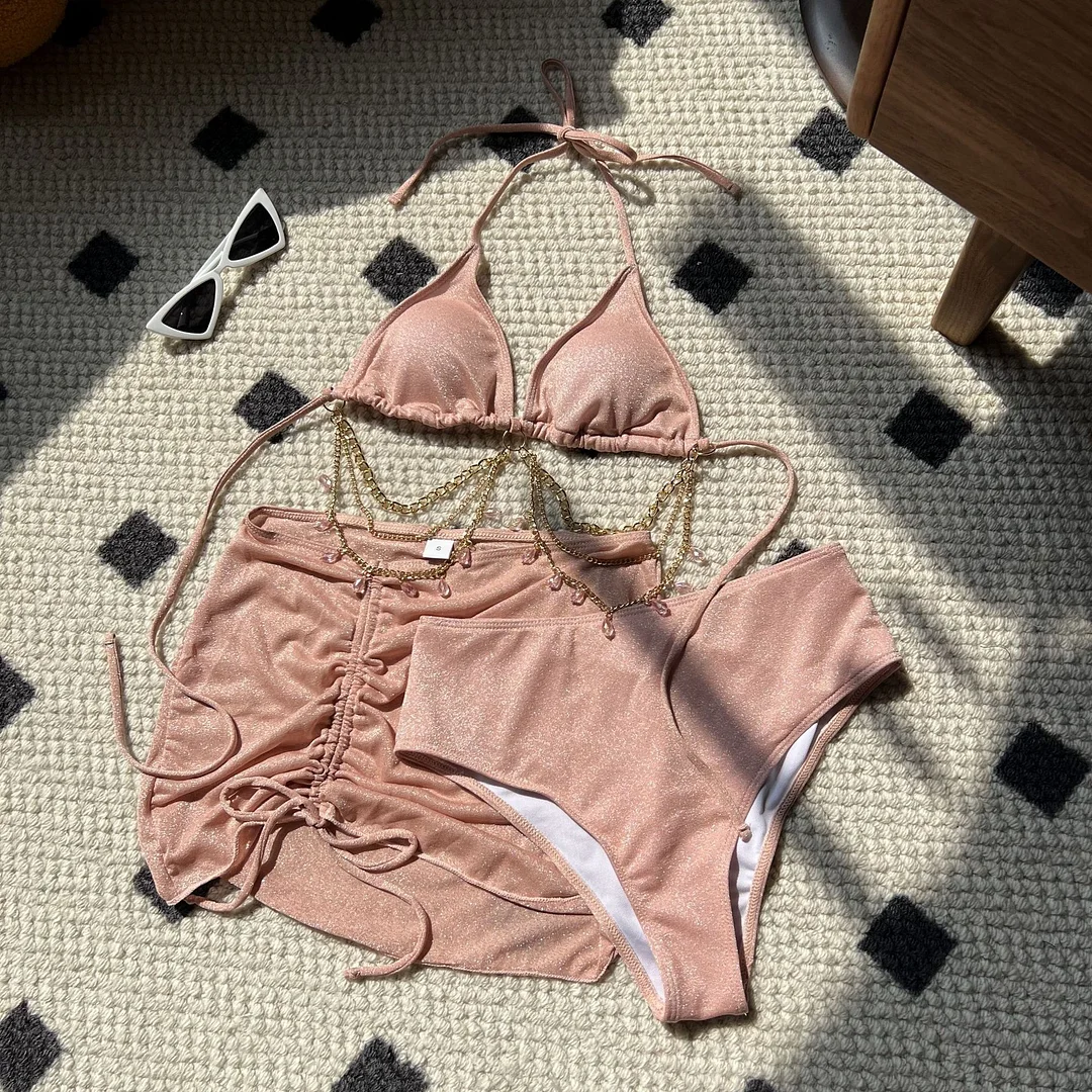Brownm 2024 New Sexy Drawstring Strap Flashing Splint Diamond Chain Three-Piece Swimsuit Bikini