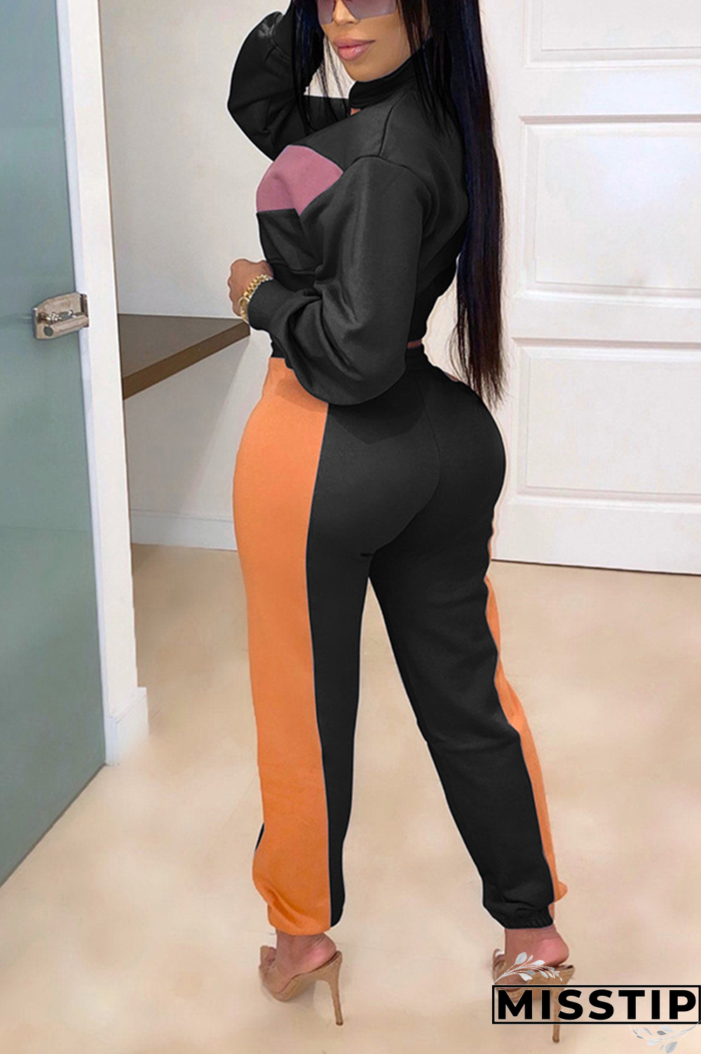 Black Street Patchwork Turtleneck Long Sleeve Two Pieces