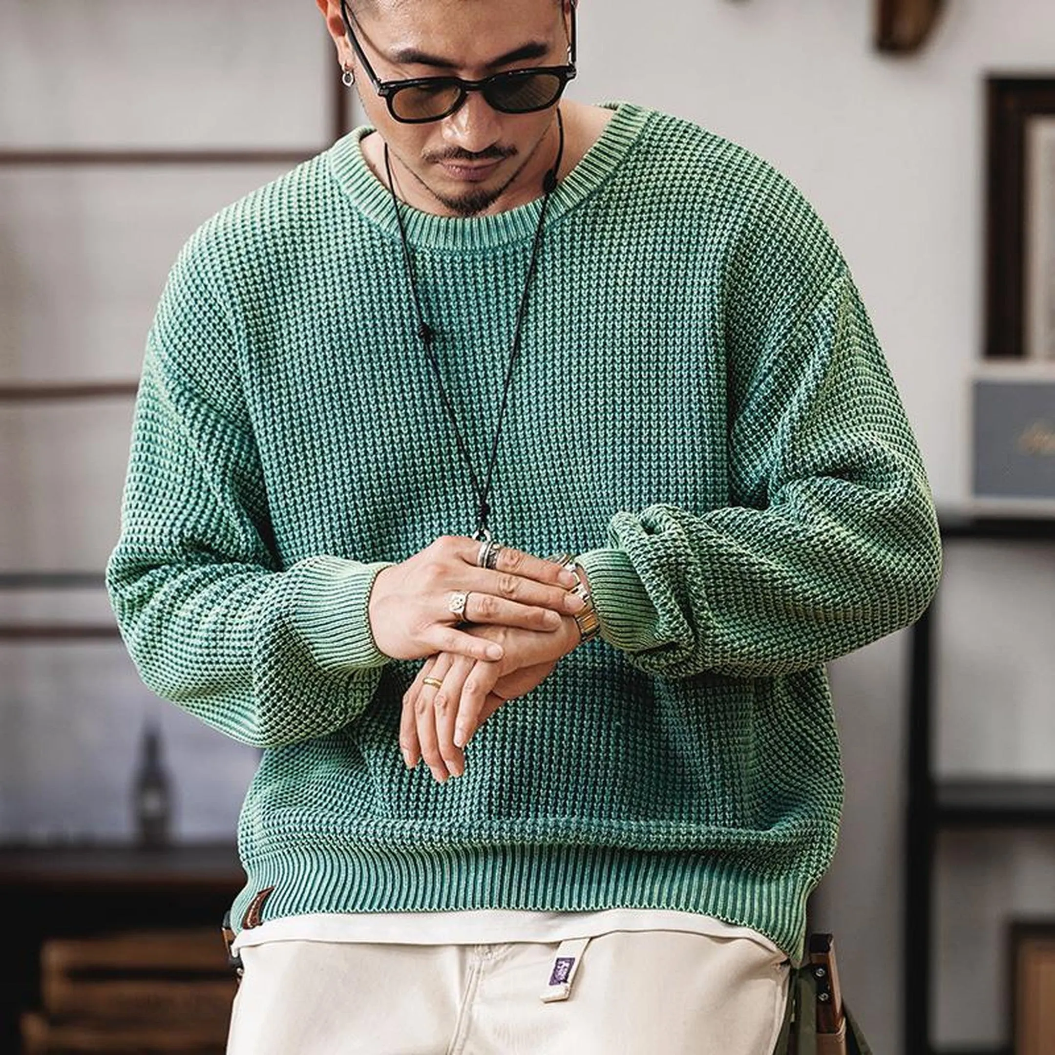 Men's Waffle Knit Jumper &ndash; Textured Grid Crew Neck Layer