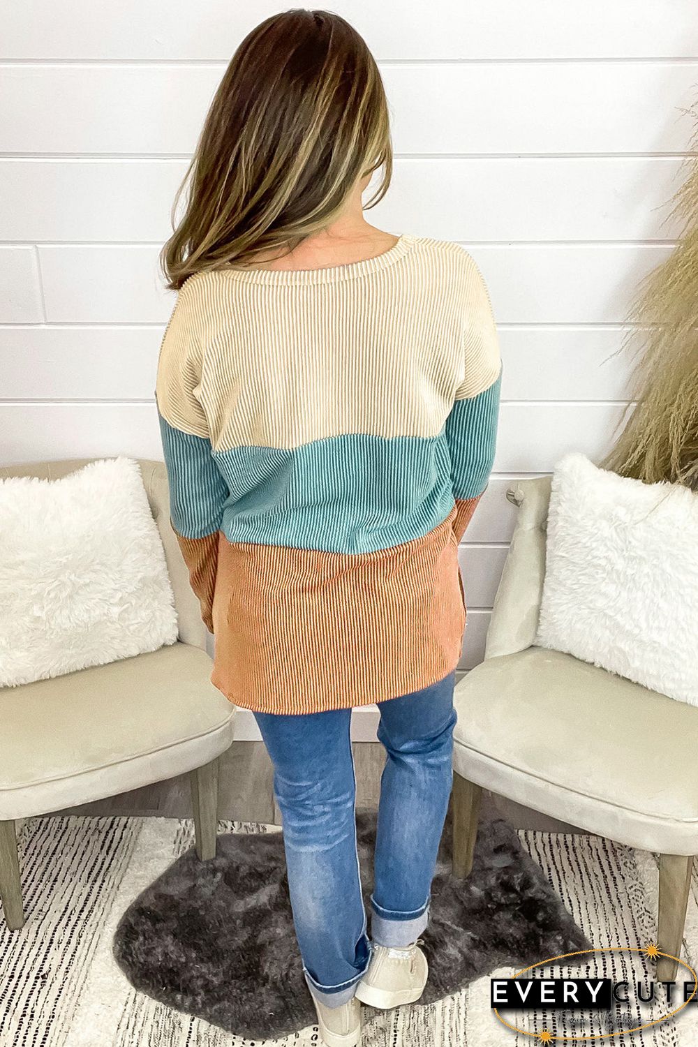 Multicolor Color Block Wavy Ribbed Pullover