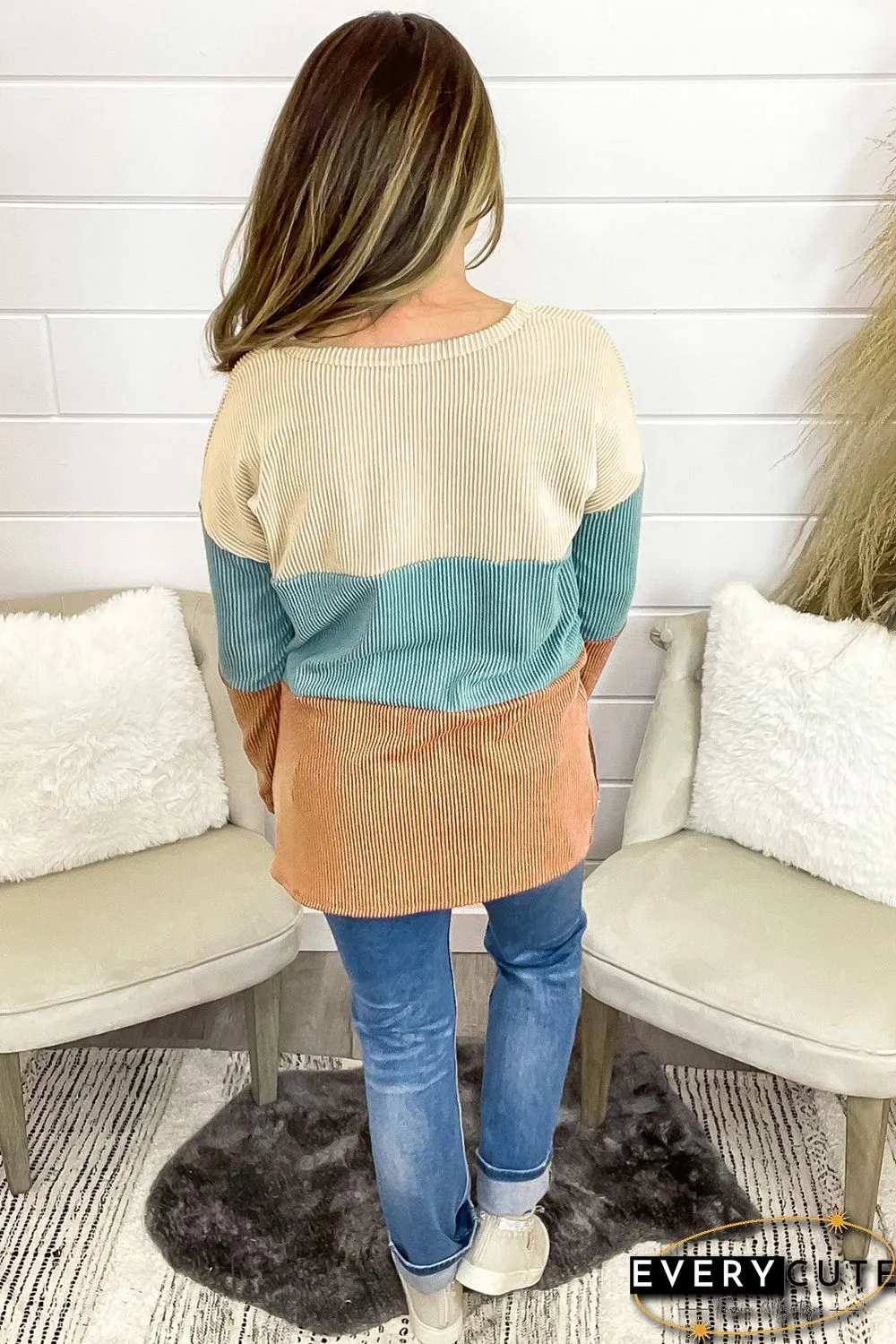 Multicolor Color Block Wavy Ribbed Pullover