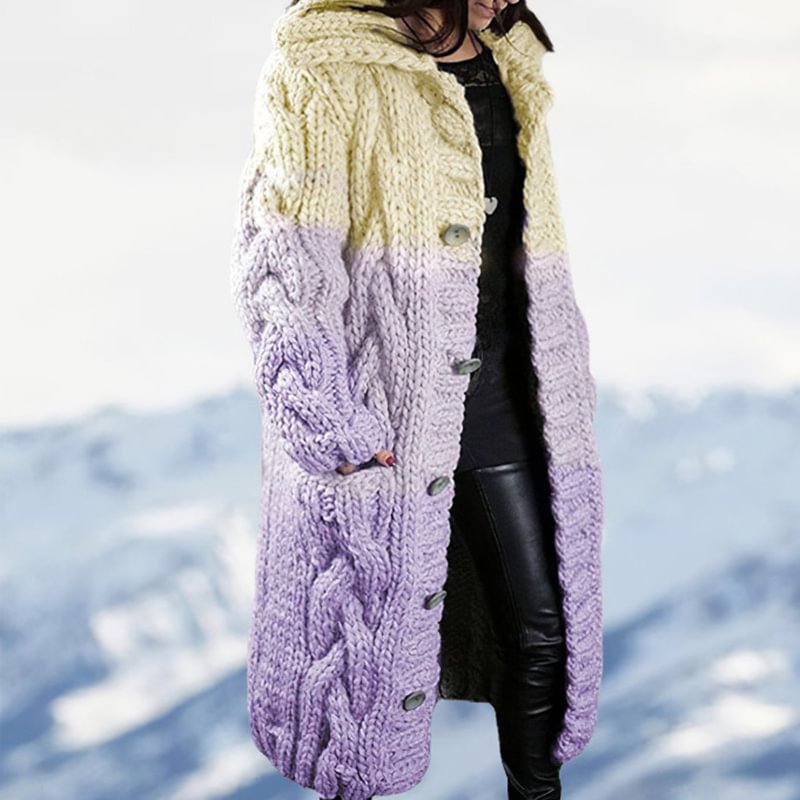 Hooded Contrasting Colors Twist Thick Sweater Cardigan