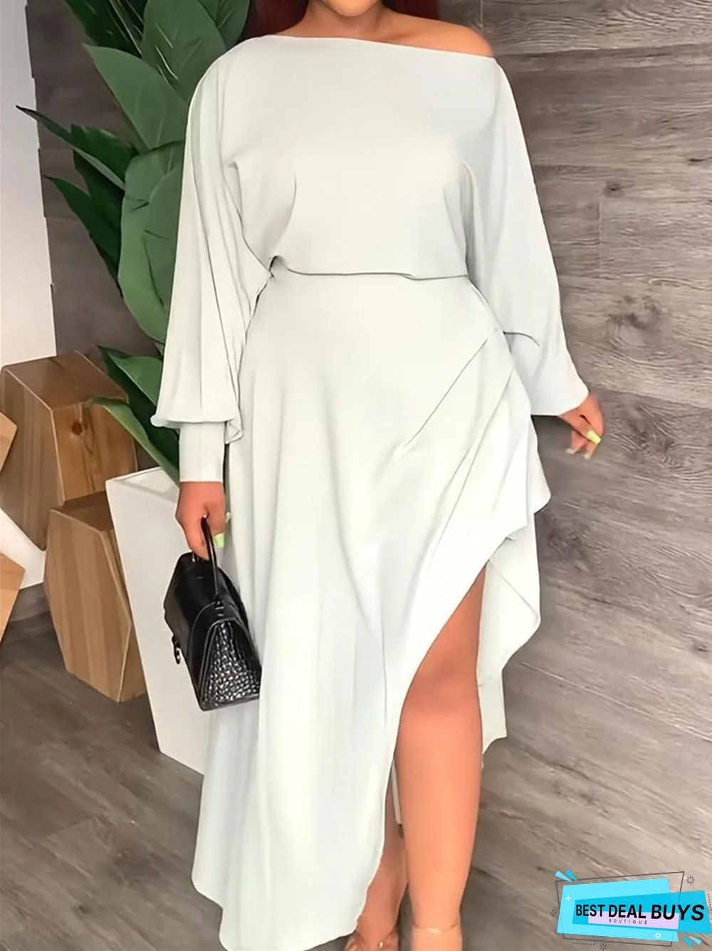Solid Color Long sleeved Irregular Dress with Slanted Shoulders