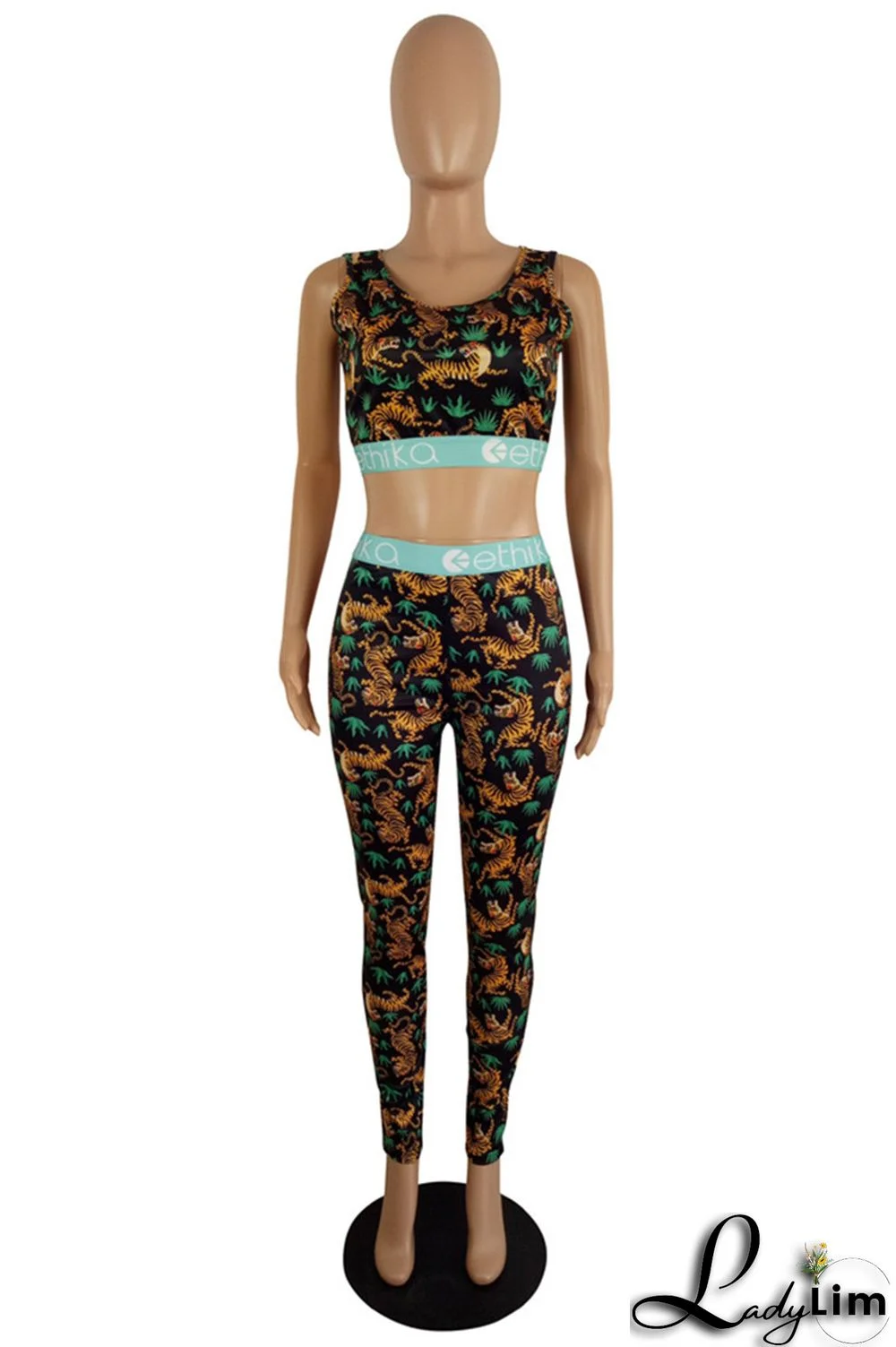 Multicolor Fashion Casual Sportswear Print Patchwork O Neck Sleeveless Two Pieces