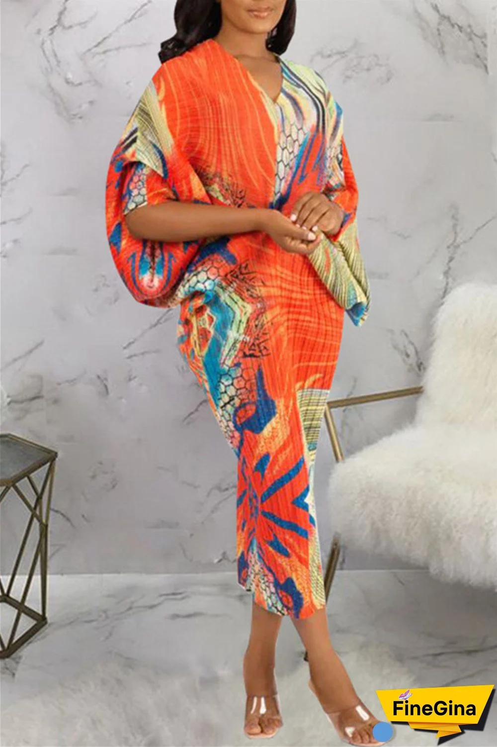 Pink Purple Casual Print Patchwork V Neck Pencil Skirt Plus Size Dresses