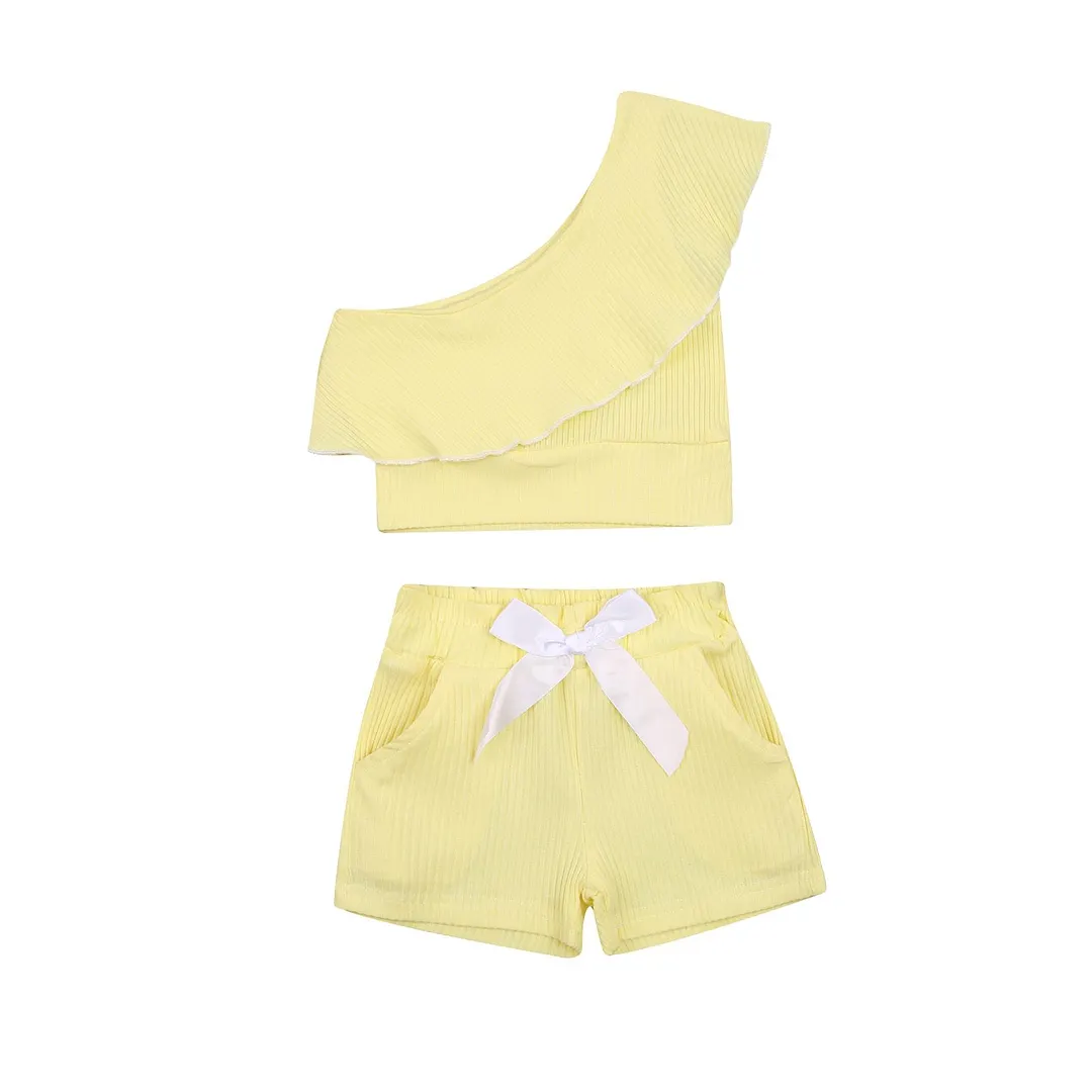 2 Pieces Kids 100%Cotton Ribbed Suit Set, Solid Color One Shoulder Sleeveless Pullover+ Short Pants for Girls, Yellow/Pink 6M-4Y