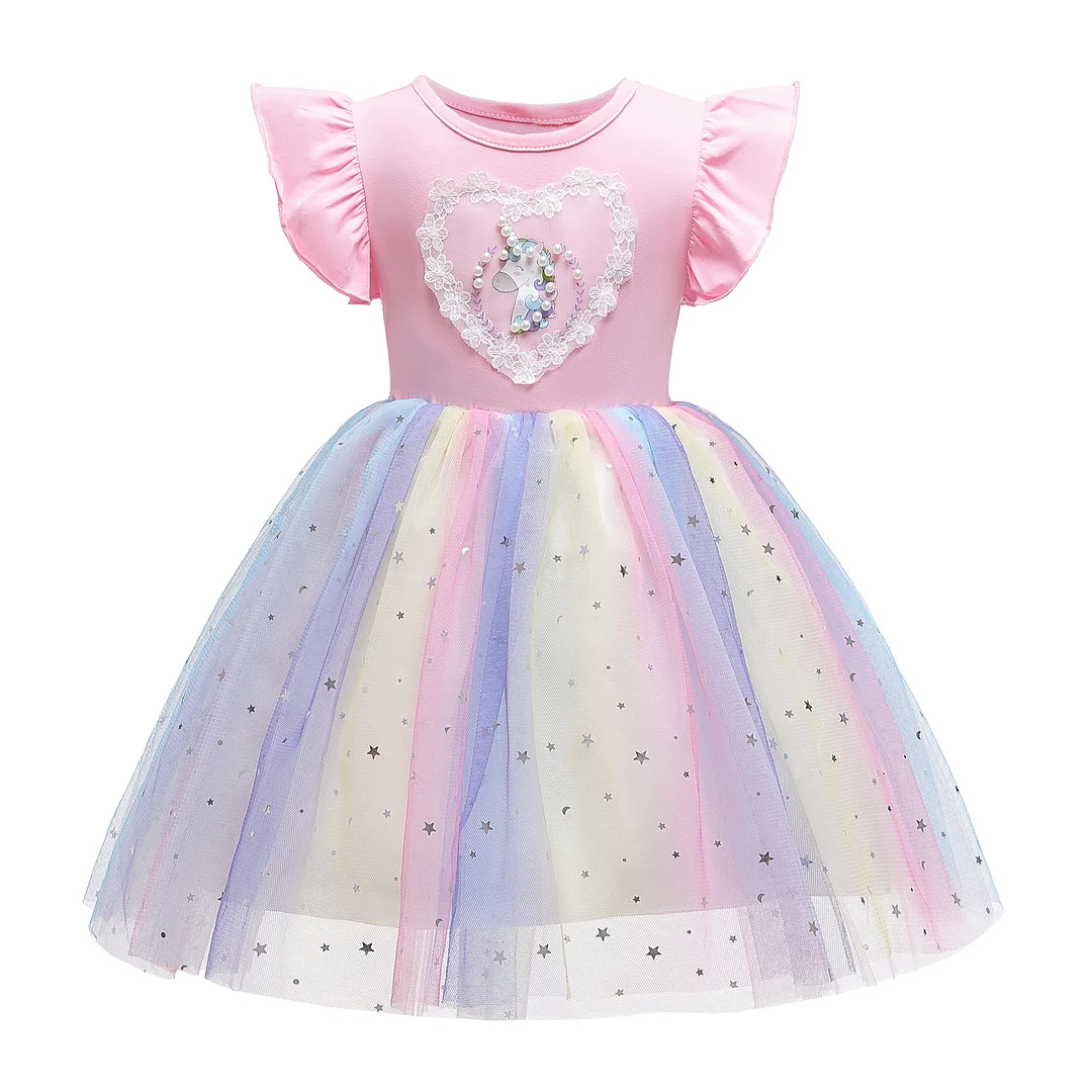 Summer Delight: Rainbow Unicorn Knitted Dress for Girls with Sheer Net Sleeves, Perfect for Princess Parties!