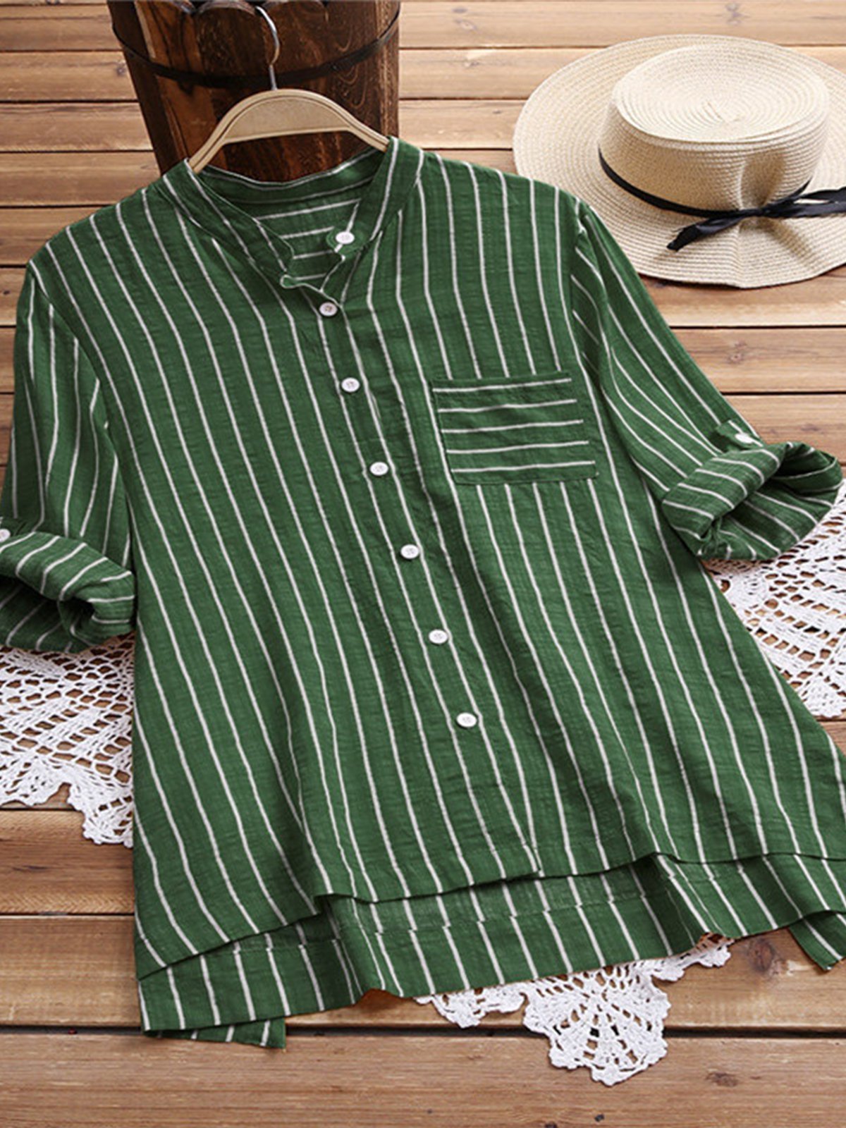 Stand Collar Long Sleeve Buttoned Shirts
