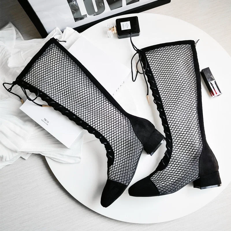 2021 Summer New Black Thick Heel Strap High Boots Ladies Breathable Hollow Mesh Fashion Boots