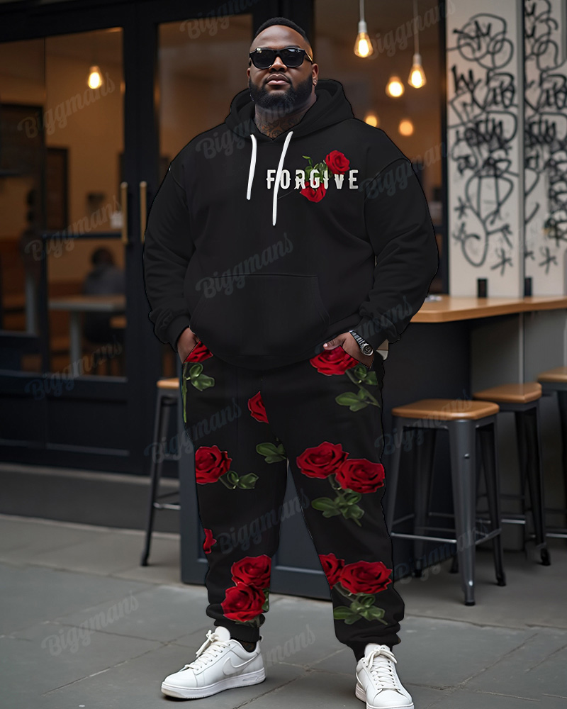 Men's Daily Casual Rose Forgive Letter Print Plus Size Hoodie Suit