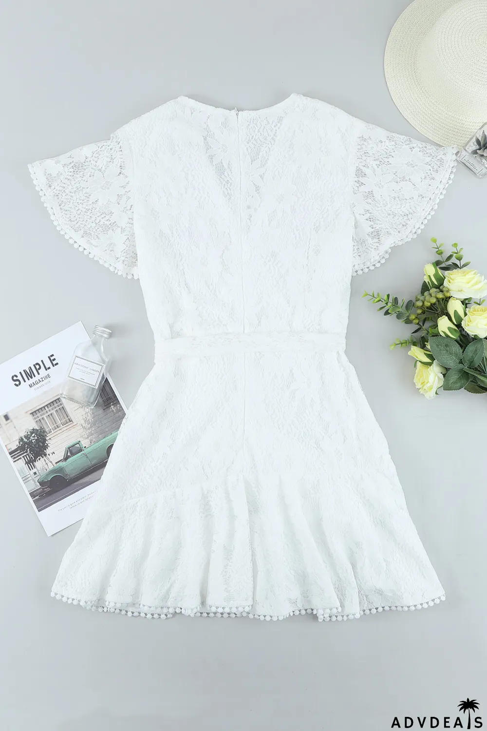 White Flutter Sleeve Wrap V Neck Floral Lace Short Dress