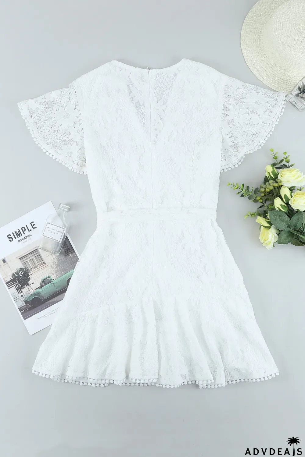 White Flutter Sleeve Wrap V Neck Floral Lace Short Dress