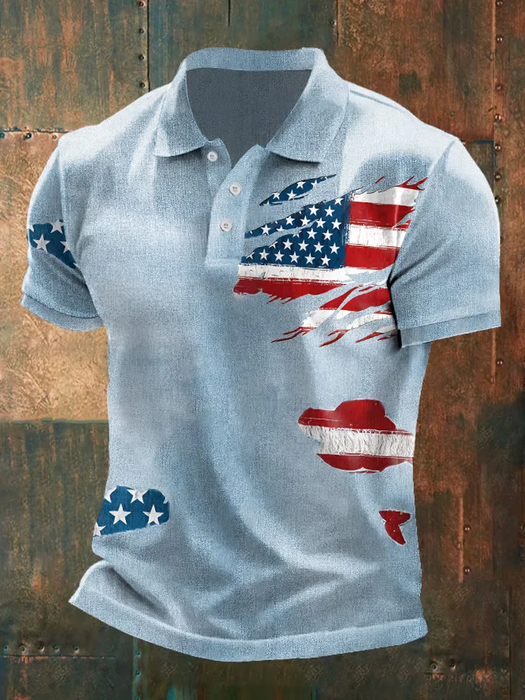 Men's Independence Day Vintage Flag Design Printed Casual Polo Shirt