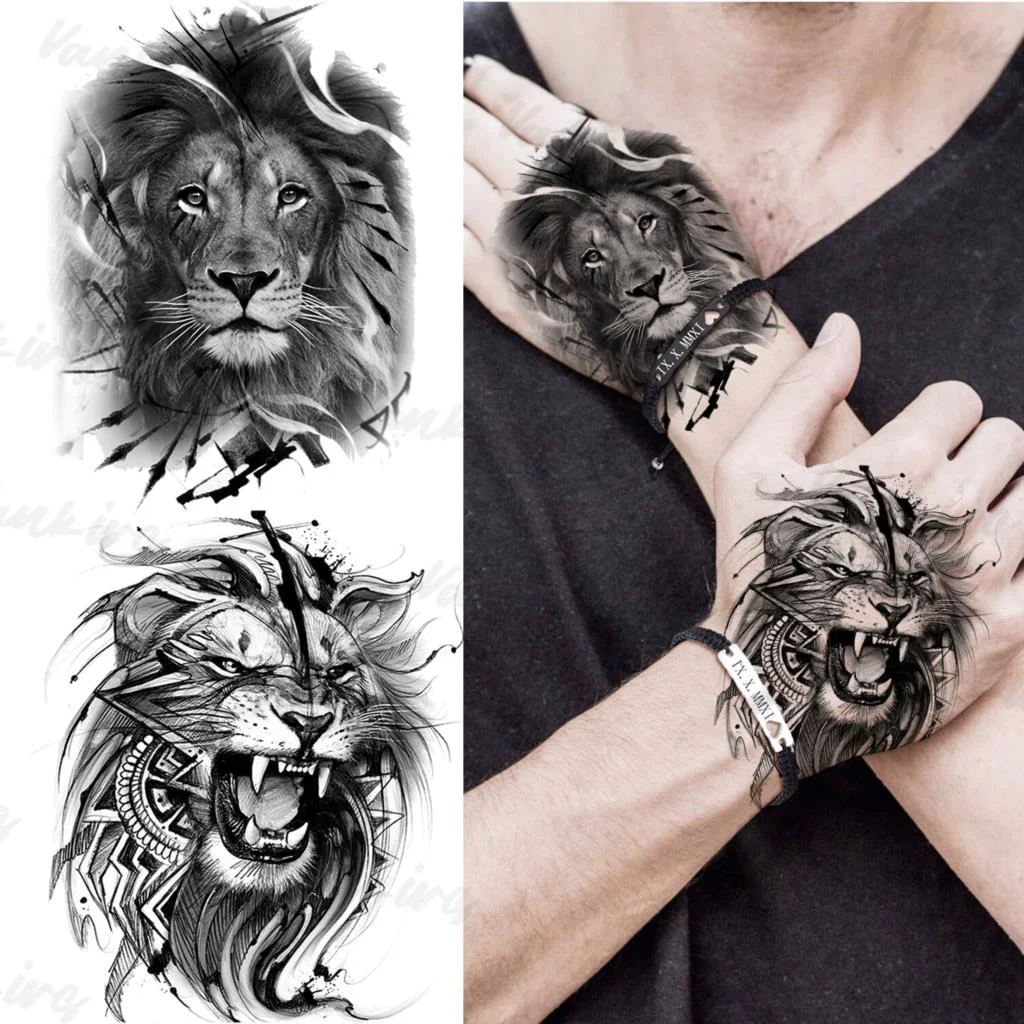 Sdrawing Lion Knight Temporary Tattoos For Men Adults Realistic Tiger Skeleton Fake Tattoo Sticker Arm Water Transfer Tatoos 3D