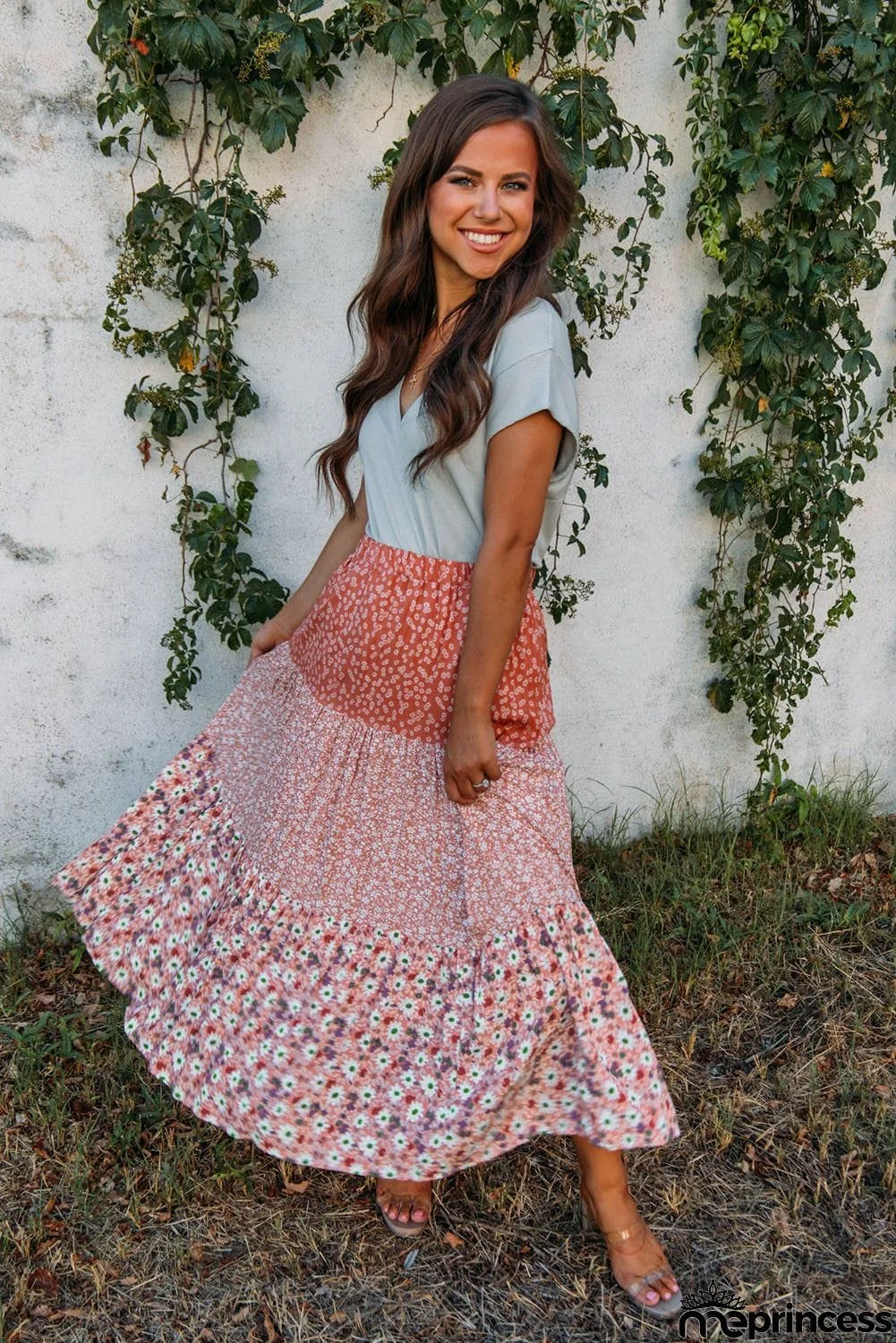 Floral Patchwork High Waist Maxi Skirt