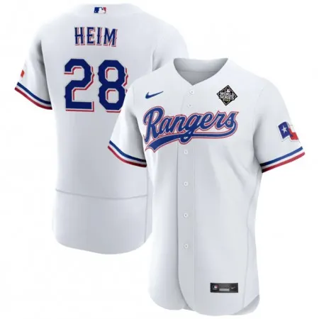 Men's Texas Rangers #28 Jonah Heim White 2023 World Series Flex Base Stitched Baseball Jersey