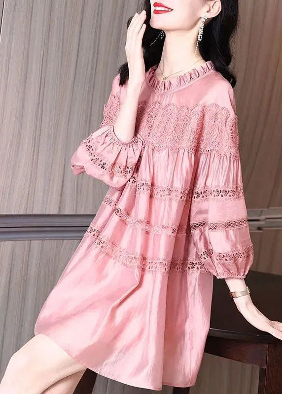 VCSHOES Pink Ruffled Patchwork Lace Silk Dresses Saia Puff Sleeve