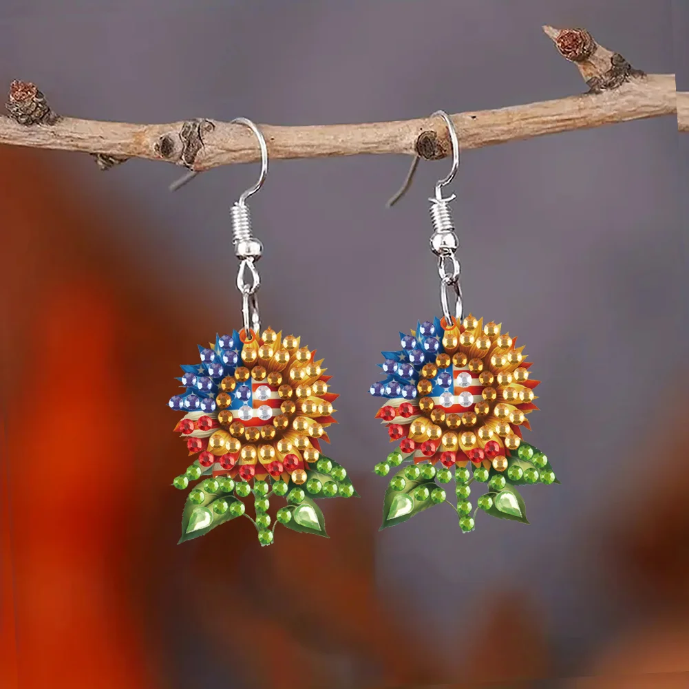 4 Pairs Double Sided Sunflower Flag Diamond Painting Earrings for Women Girls